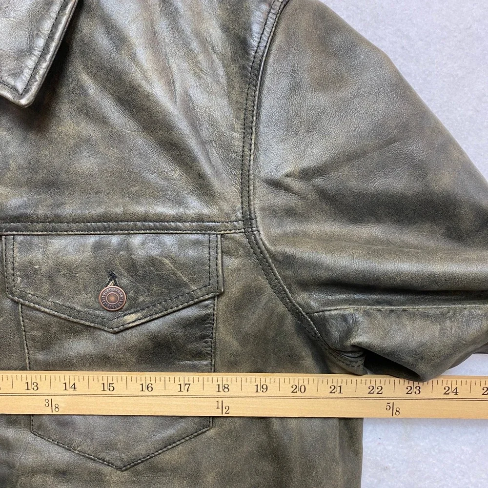 Lucky Brand Leather Trucker Jacket Mens M Olive Green Distressed Quilted Lining